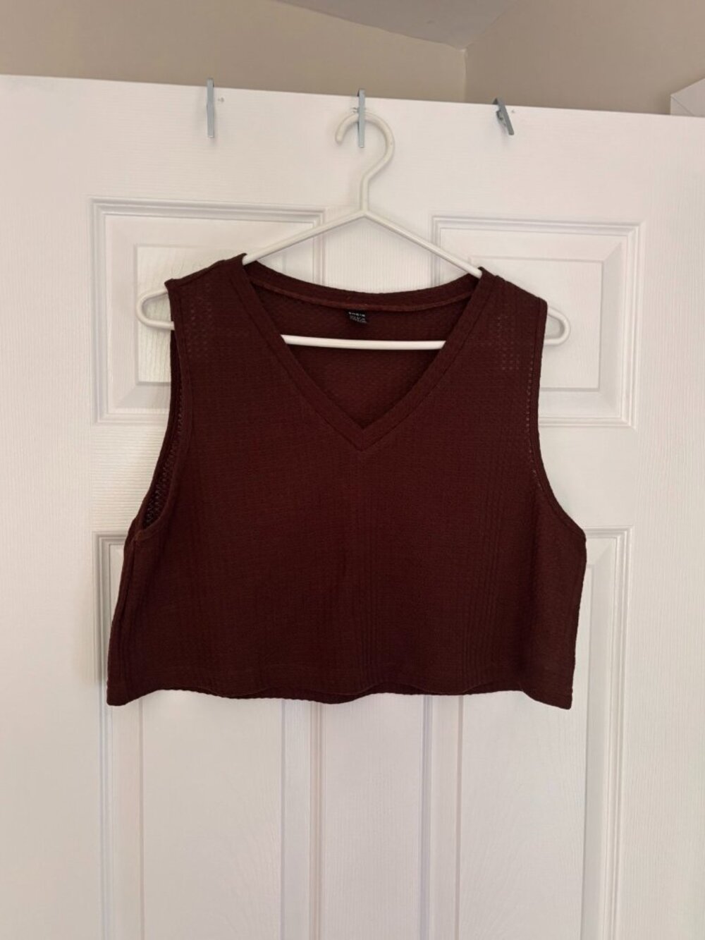 Brown Textured Mesh Crop Tank / Sleeveless V-Neck Layering Summer Top (Large)